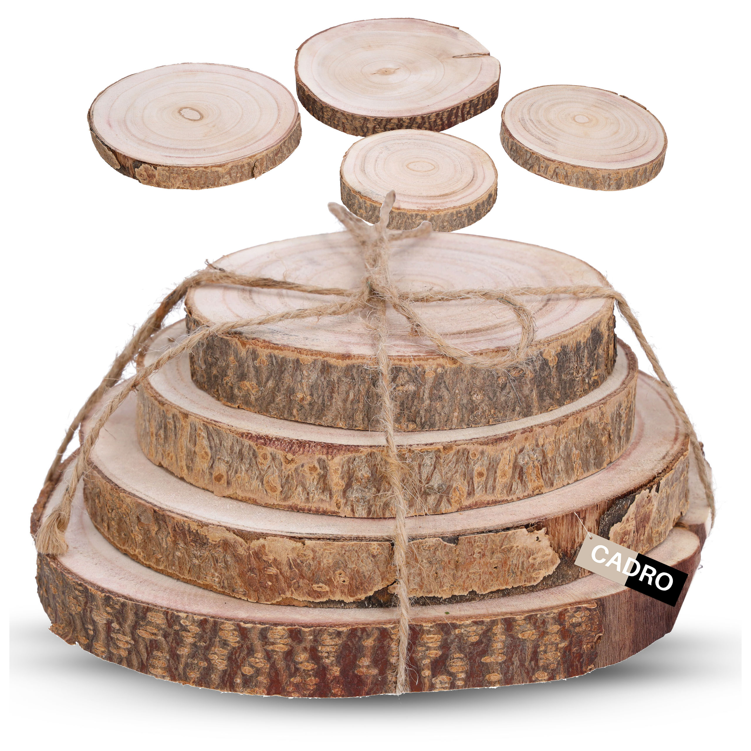 Dřevěné pláty kolečka s kůrou, podložky, průměr 14–20 cm, sada 4 kusů
