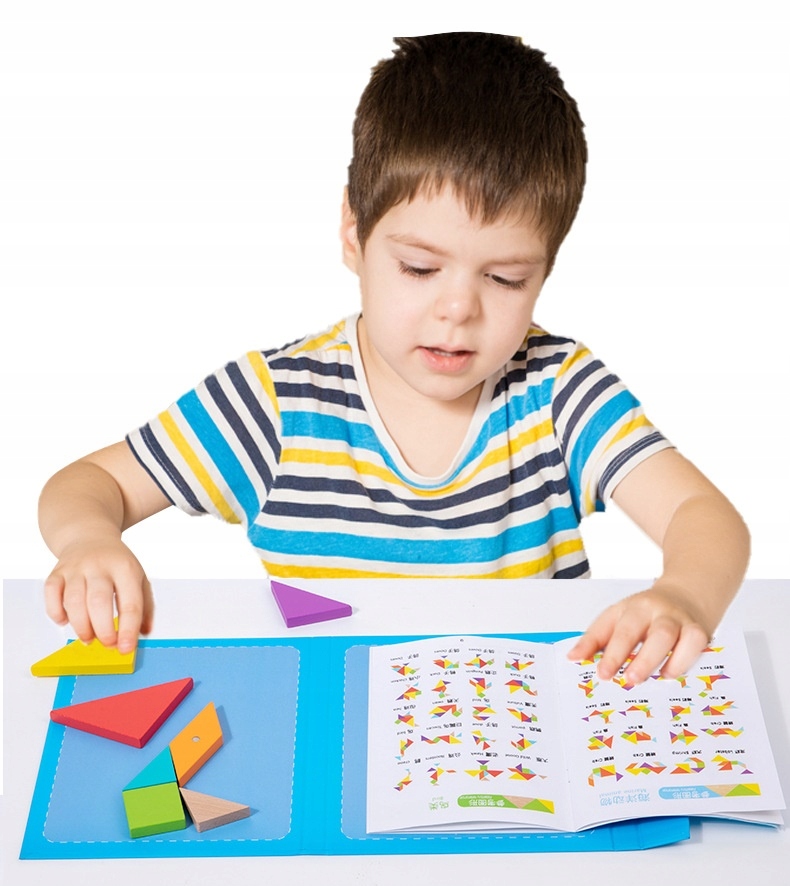 TANGRAM MAGNETYCZNY DREWNIANE KLOCKI GRA LOGICZNA + GRATIS KÓŁKO I KRZYŻYK Stan opakowania oryginalne