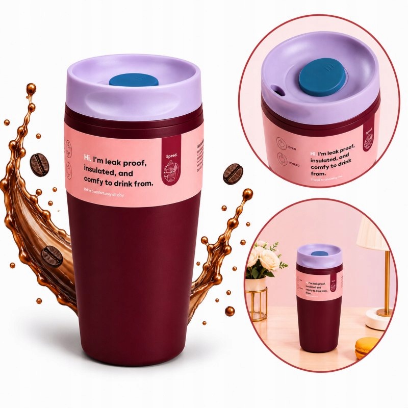 Pojemny Kubek Termiczny 340 ml Termos zamykany, bordowy CUP31