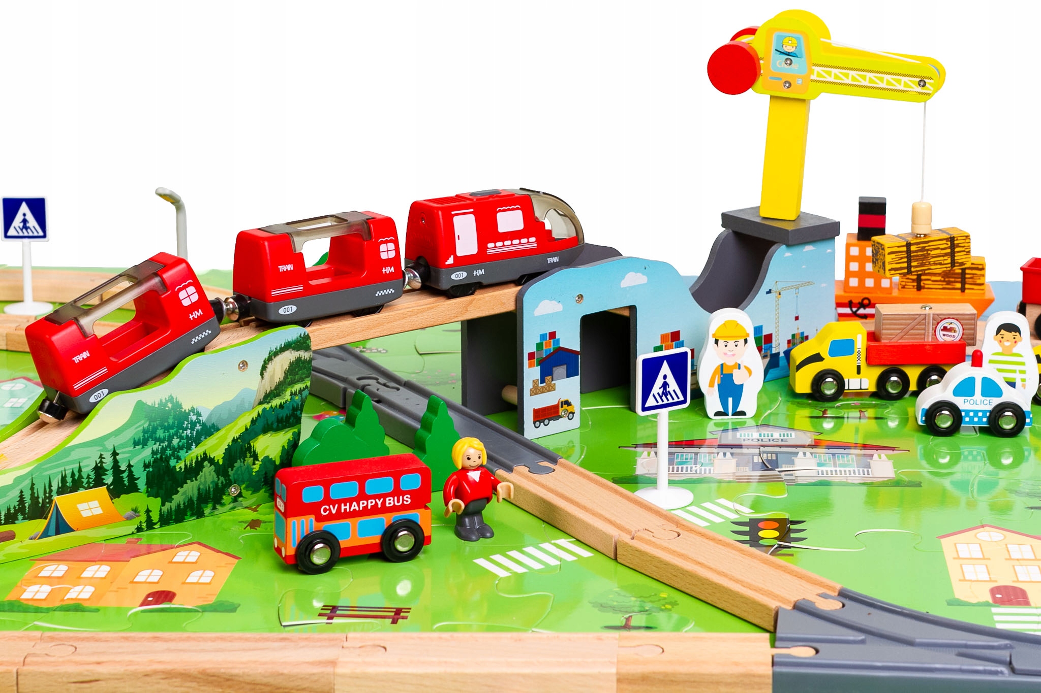 KOLEJKA DREWNIANA XXL 2 pociągi na baterie DŹWIG Elementy zestawu zestaw kolejka z wagonikami i torami