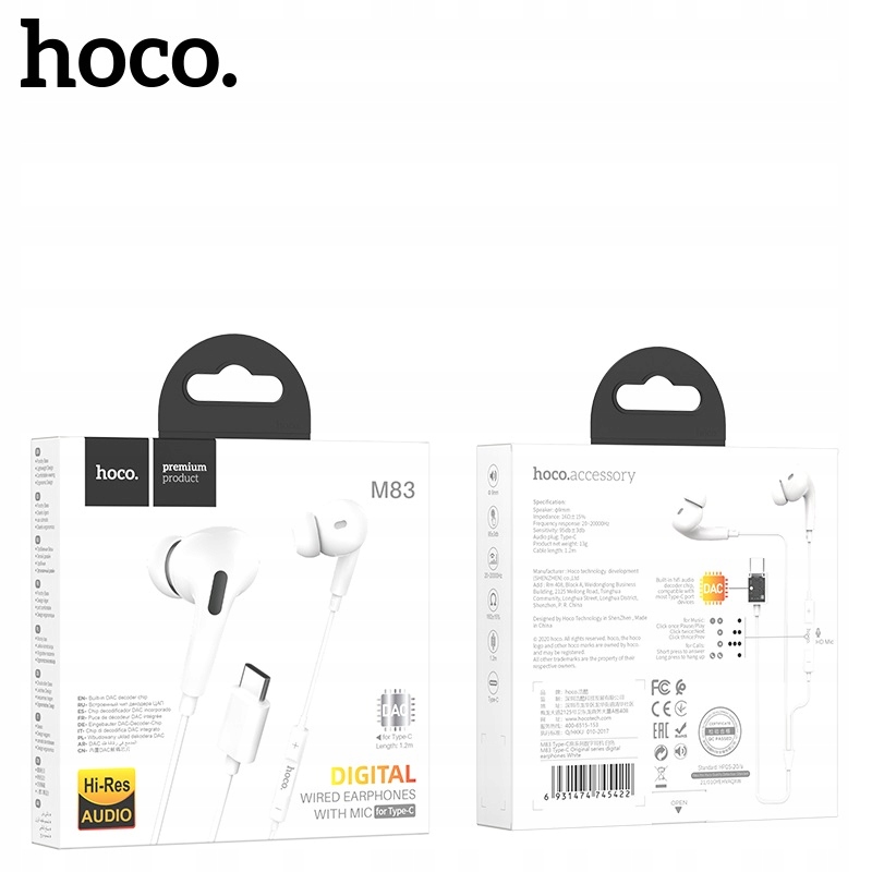 SŁUCHAWKI TYP TYPU C USB-C do Samsung S20 S21 S22 S23 S24 FE Plus Ultra 5G Marka Hoco