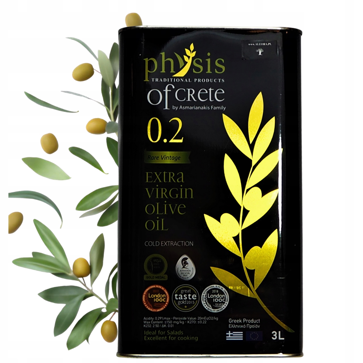 Grecka Oliwa z Oliwek Extra Virgin 3L Physis of Crete 0,2% Koroneiki Kreta