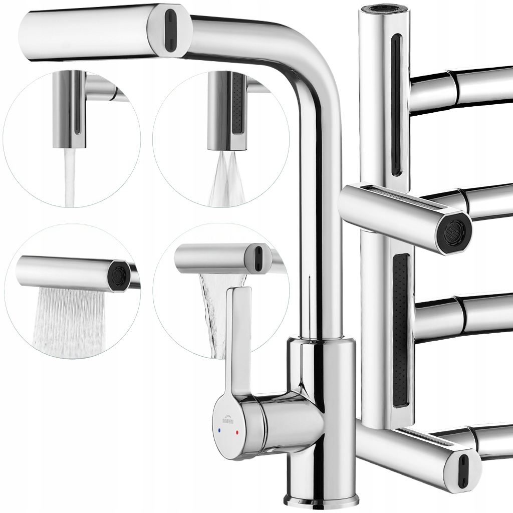 Bateria Zlewozmywakowa Kuchenna Stojąca 4-FUNKCJE Wymowana Wylewka Chrom