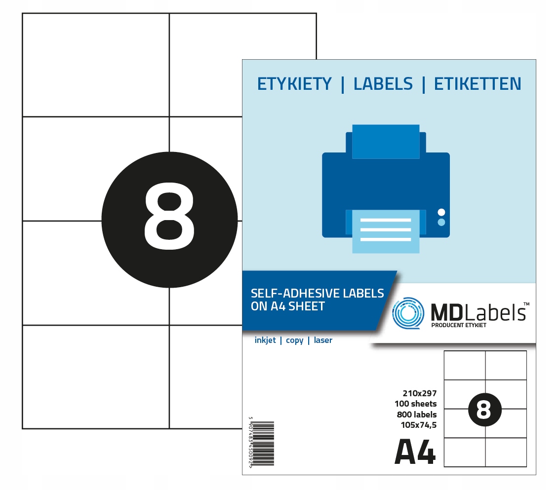 

Etykiety naklejki samoprzylepne A4 105x74,5 100ARK