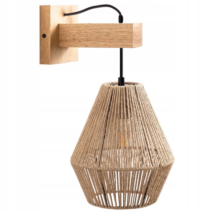 Kinkiet Lampa Ścienna Boho Drewno Sznurek Jutowy