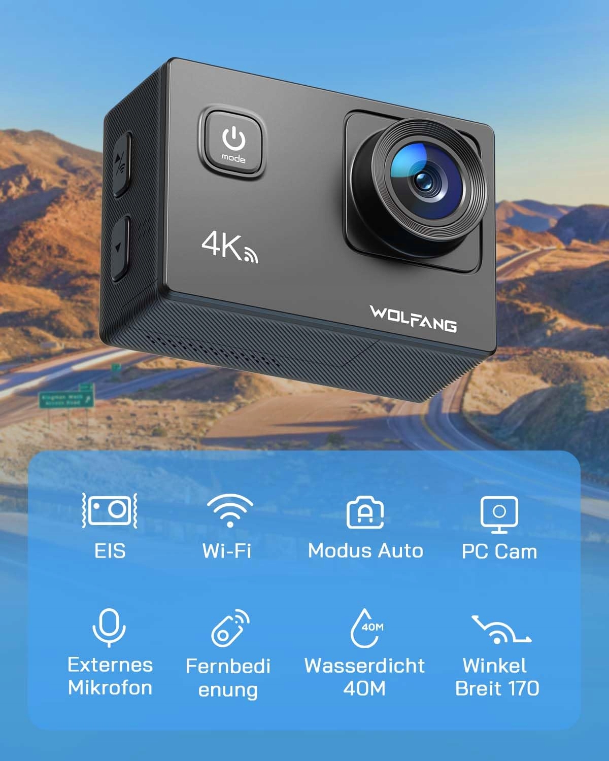 WOLFANG GA100 Kamera Sportowa 4K 20MP Podwodna WiFi 40M Wodoodporna — miniatura 3