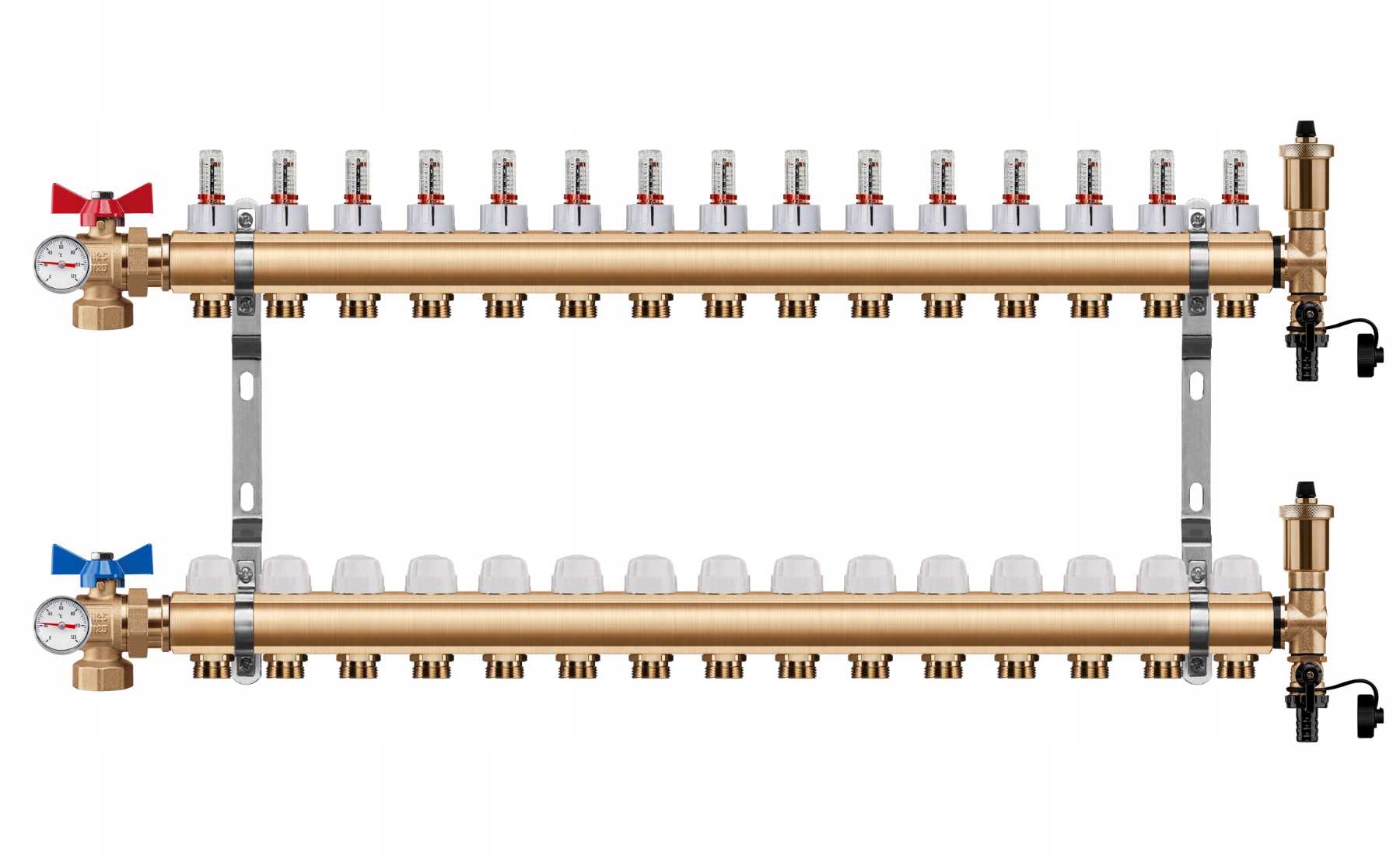 Rozdělovač Podlahy 15 Okruhů Úhlový Kulový Ventil Teploměr Pex