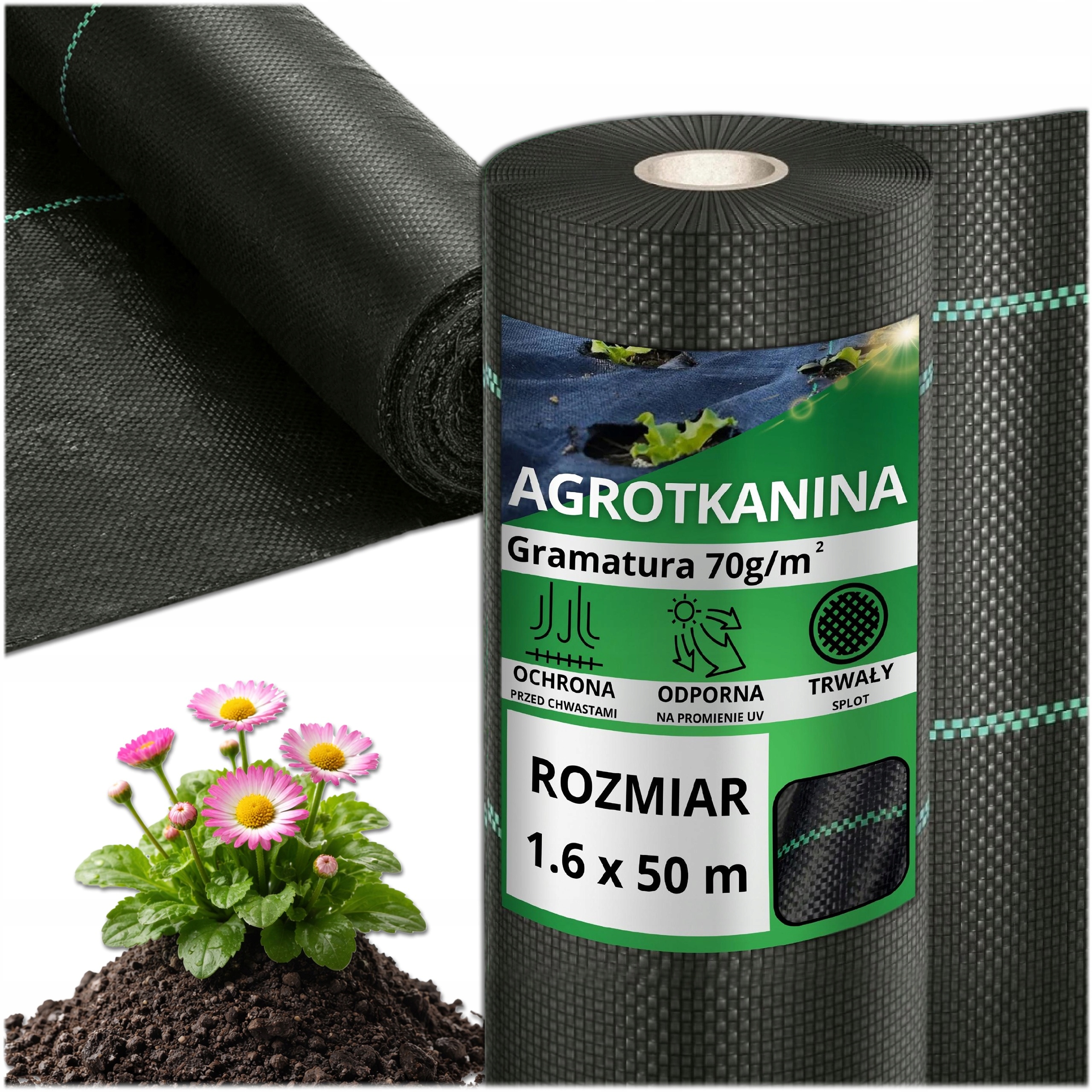 Agrotkanina 70G 1,6x50m Agrowłóknina Czarna Gruba Przeciw Chwastom UV3%