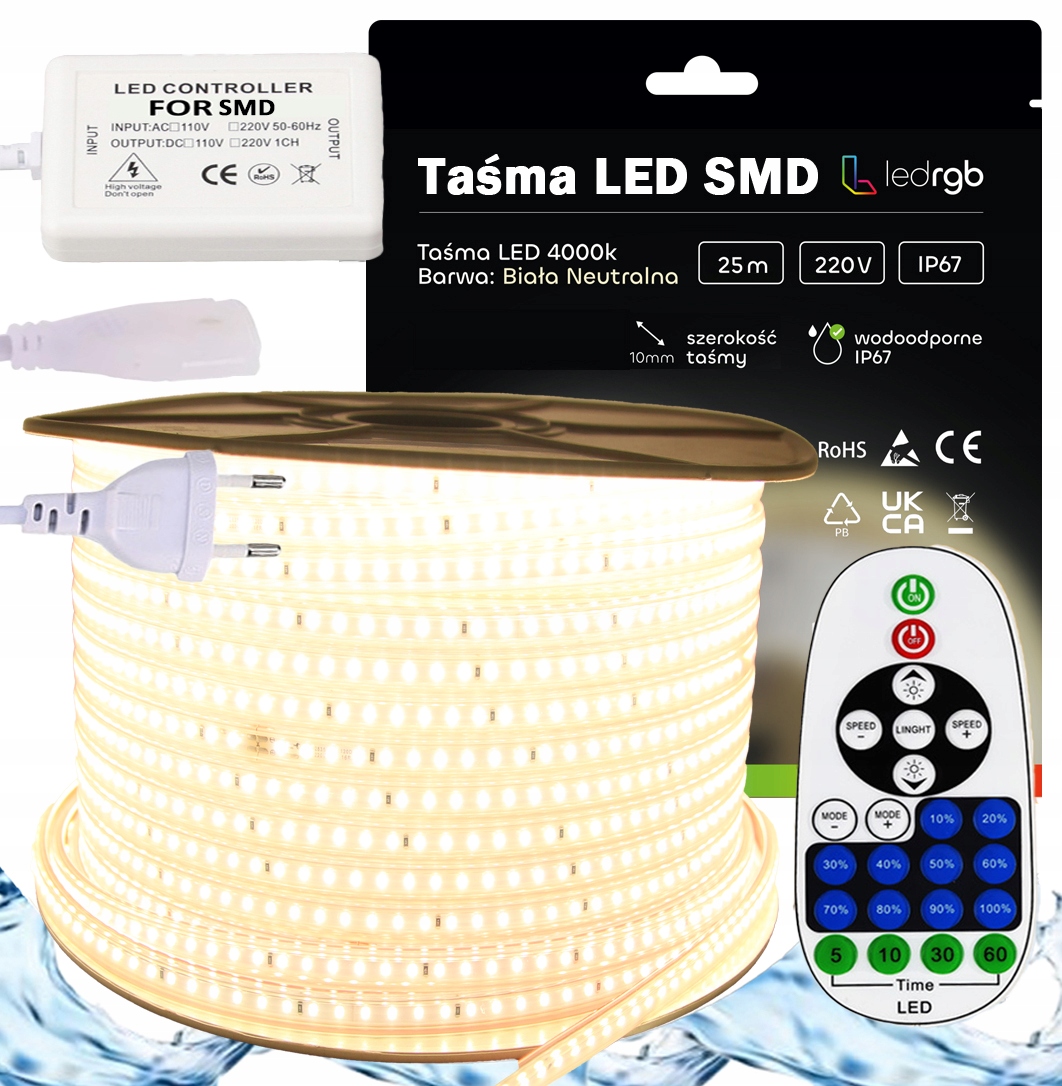 Set Led pásek Smd 230V 25 m 4000K Bílý Neutrální Stmívač Dálkový Ovladač IP67