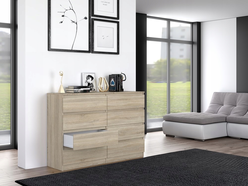KOMODA NOWOCZESNA 140 cm POJEMNA SZAFKA REGAŁ SZUFLADY MEBLE DĄB SONOMA Szerokość mebla 138 cm