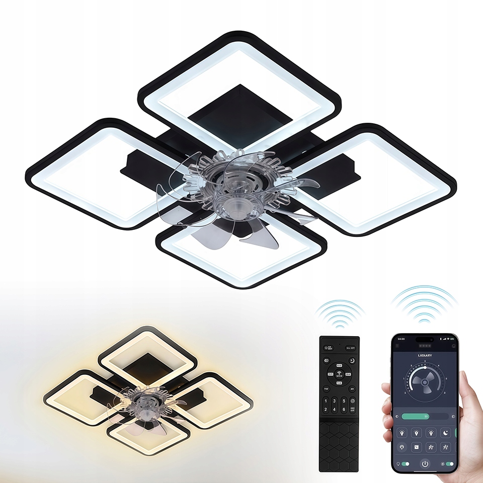 Stropná Ventilátorová Lampa S Čiernym Vetrákom Štvorec Stropné Svietidlo Led S Pilotom