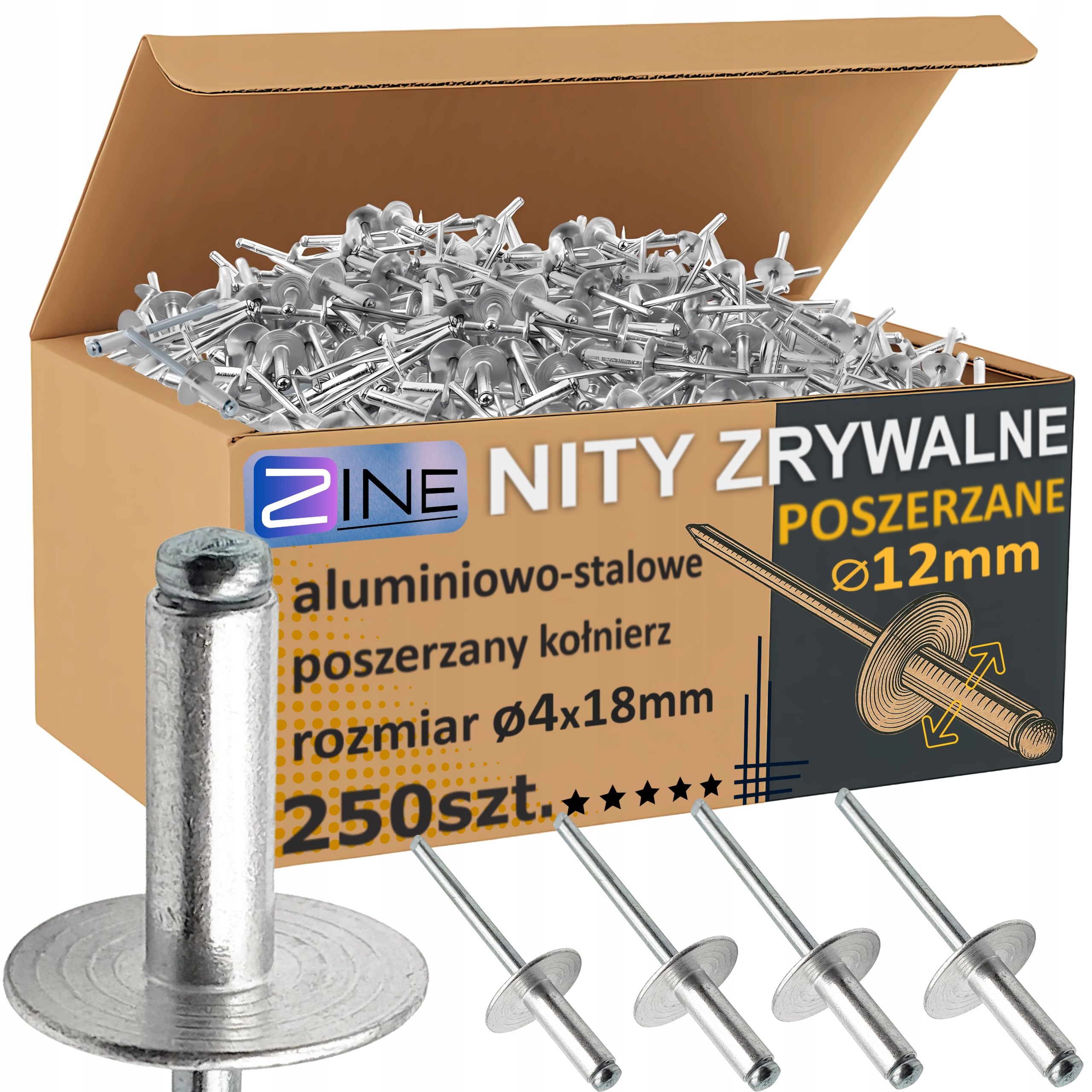 Nity Zrywalne z Dużym Łbem Poszerzany Kołnierz fi12mm 4x18mm 250sztuk Zine