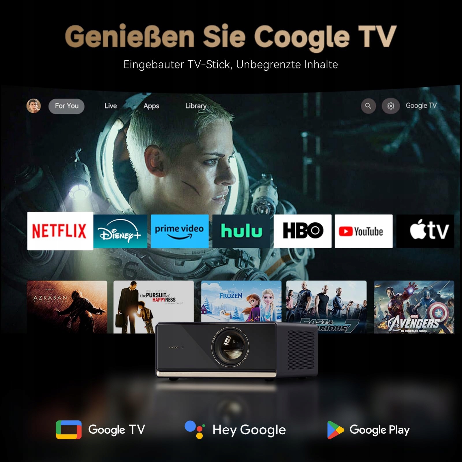 WANBO Projektor 4K 1100 ANSI 1080P Full HD Google TV WiFi Bluetooth — miniatura 4