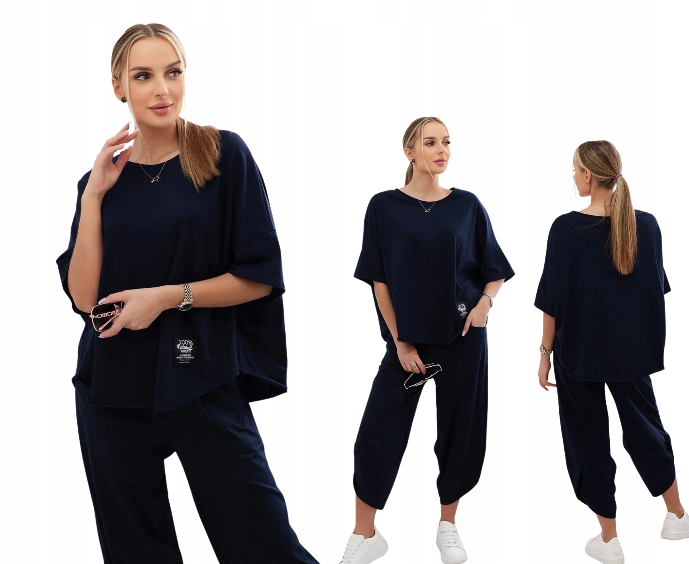 Tmavě modrý dámský bavlněný komplet: oversize halenka a kalhoty