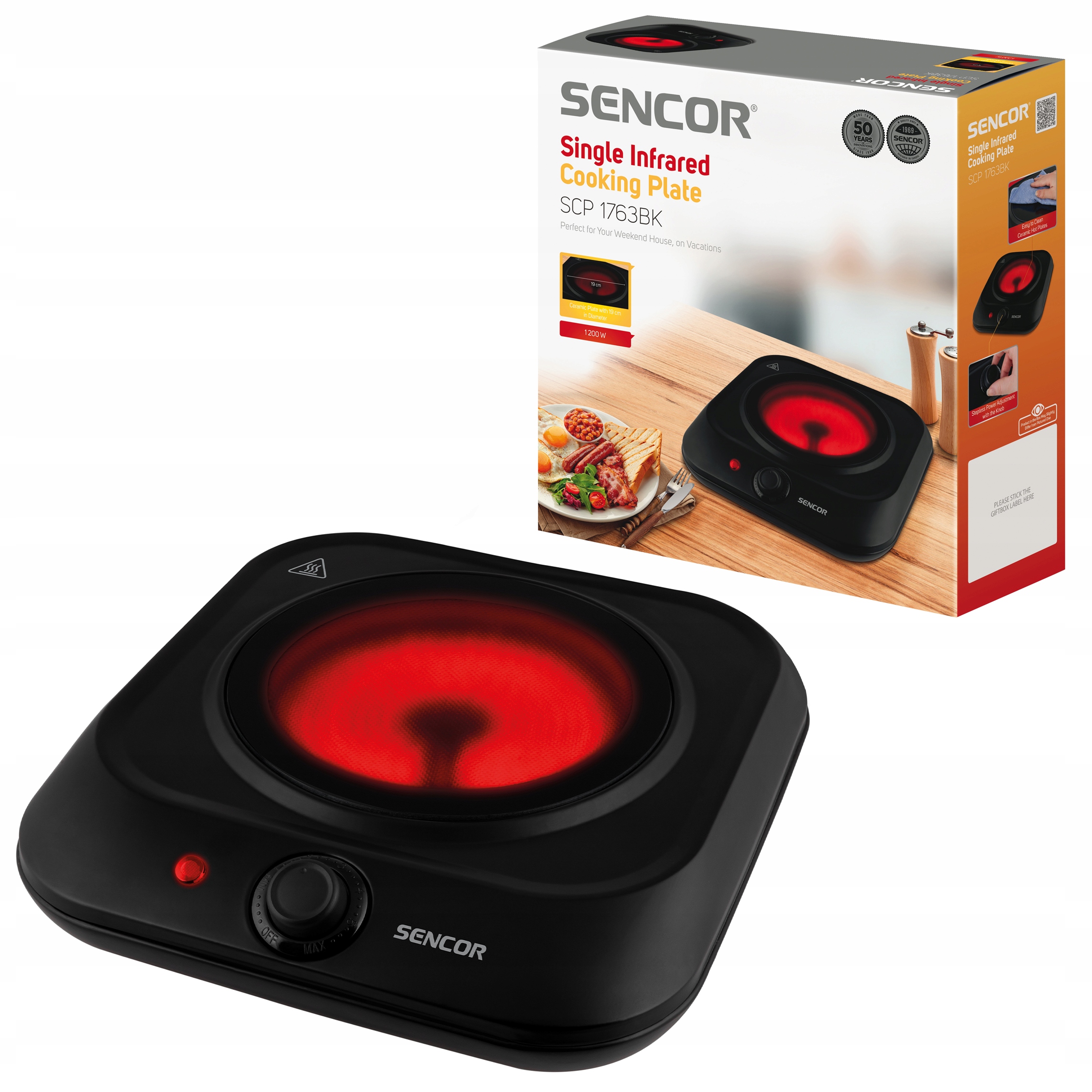 Kuchenka elektryczna przenośna turystyczna 1200W 1 Palnik Sencor Scp 1763BK