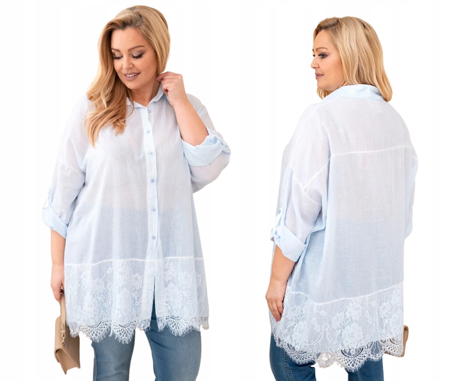 Modrá dámská bavlněná košile Plus Size s krajkovým spodním dílem