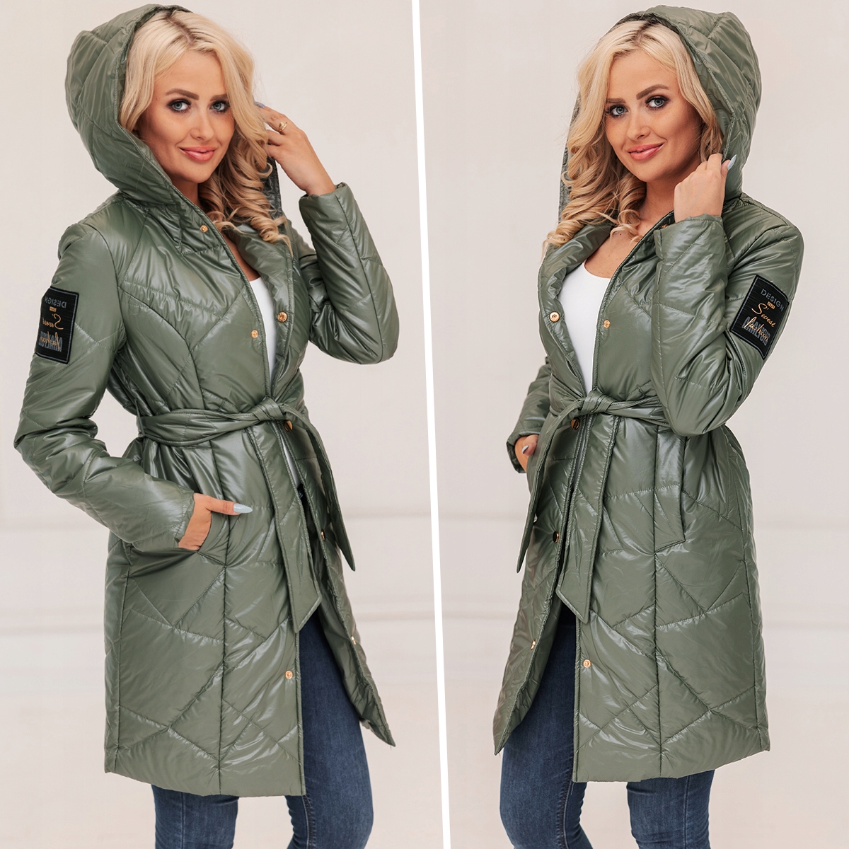 DŁUGI PIKOWANY PŁASZCZ Z PASKIEM PRZEJŚCIOWY XXL Model lekki przejściowy z paskiem