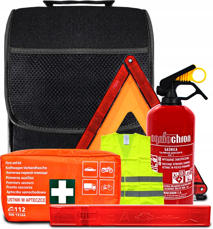 TRÓJKĄT APTECZKA TORBA GAŚNICA KAMIZELKA ZESTAW DLA KIEROWCY W PODRÓŻY