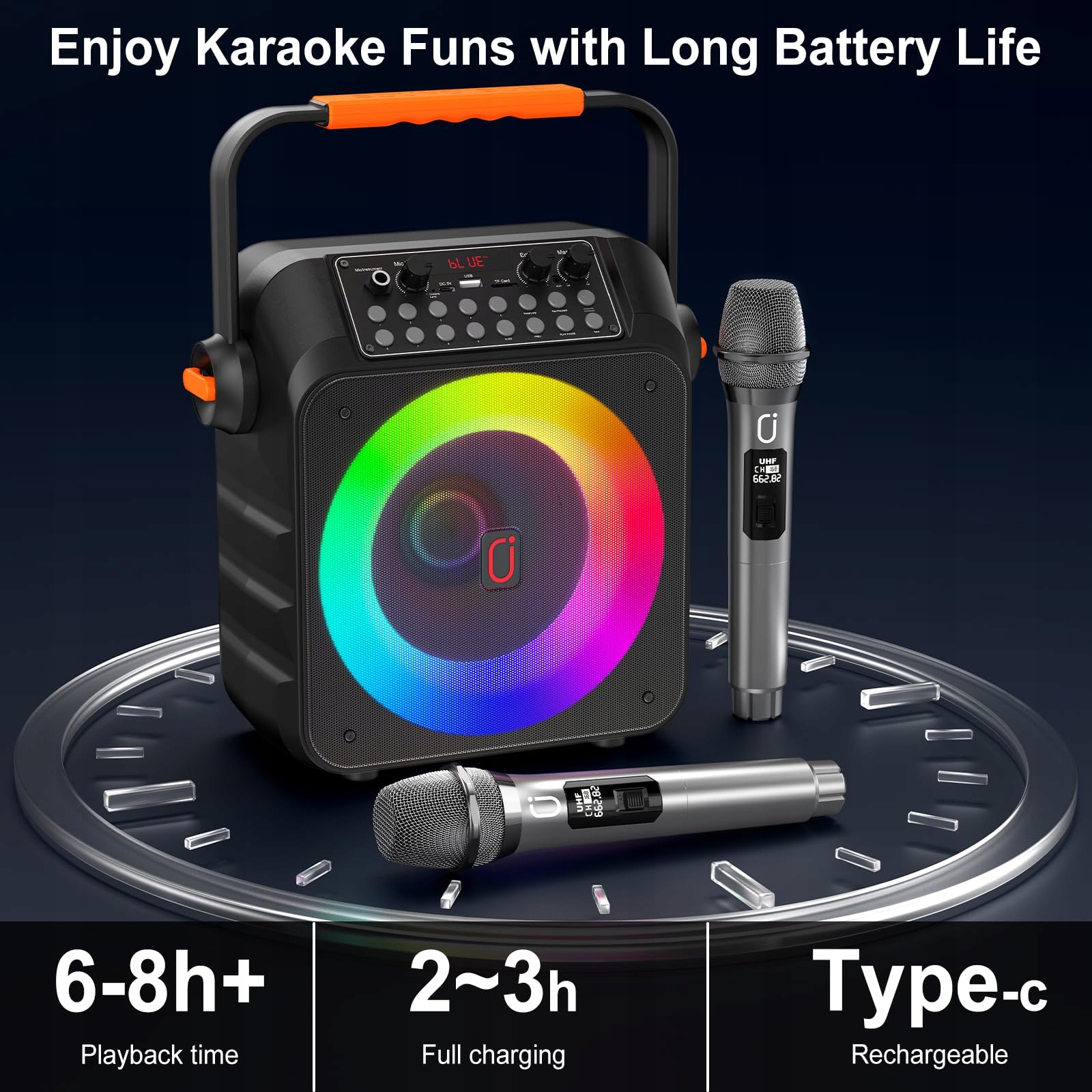 HWWR Karaoke Zestaw Z 2 Bezprzewodowymi Mikrofonami RGB Światła Partybox — miniatura 7
