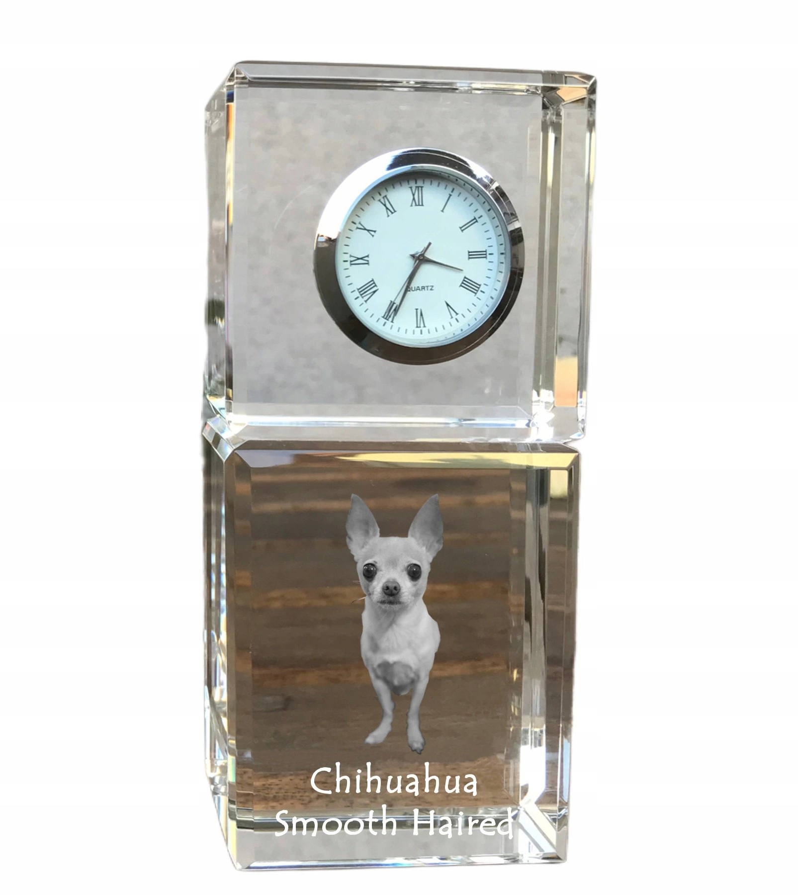 Chihuahua – krátkosrstý krištáľový stolový hodinový stroj so psom, s vašou fotografiou