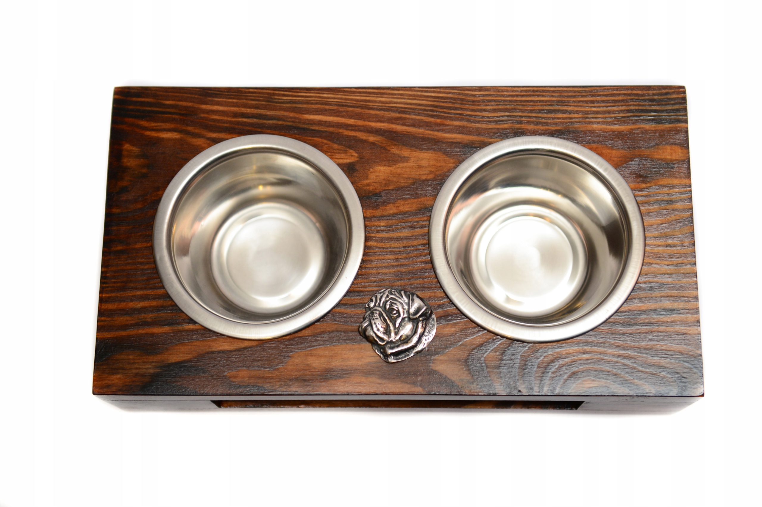 Levně Stojan s miskami pro psa, masivní dřevo, ručně vyráběné ocelové misky Mops, Pug,
