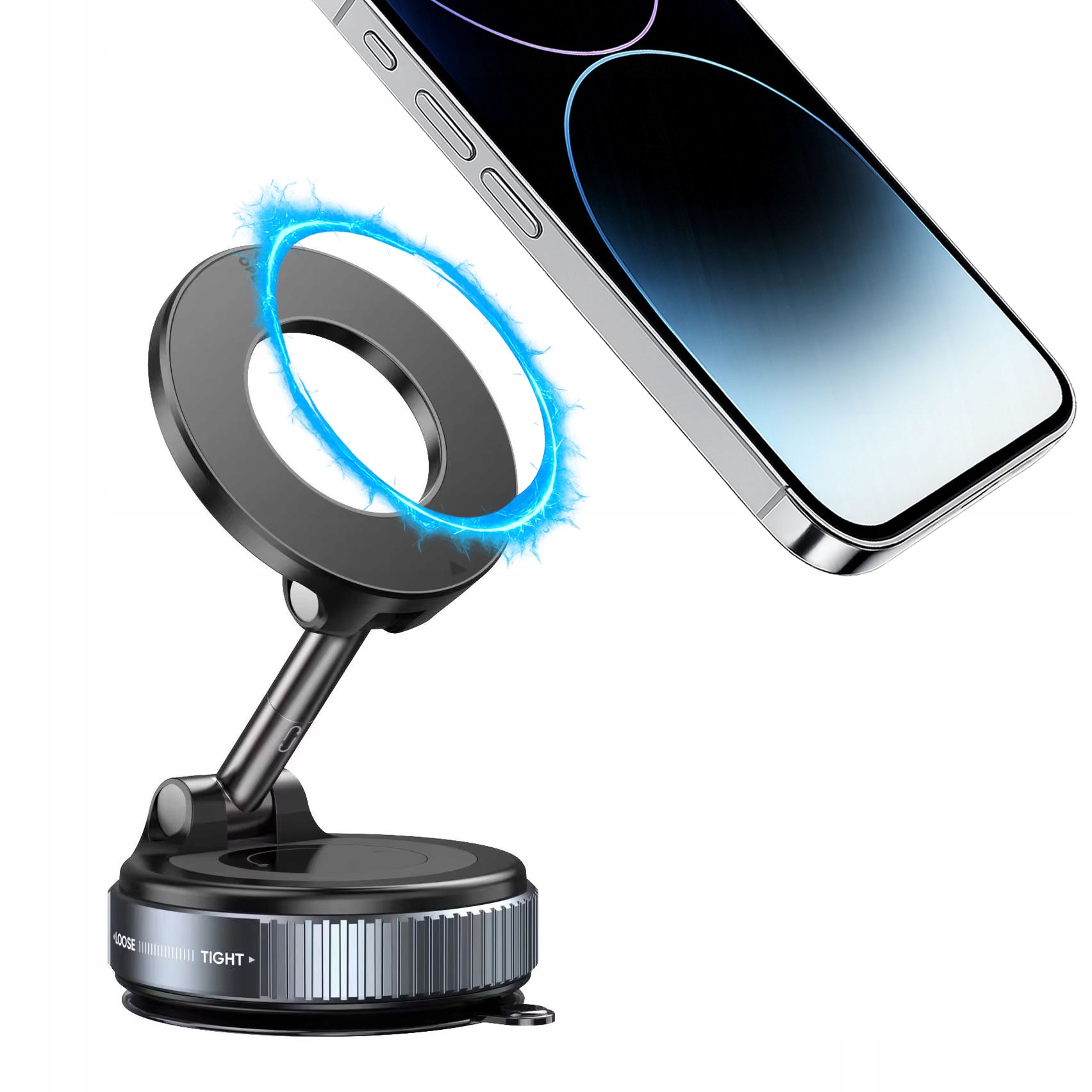 Uchwyt na telefon obrotowy przyssawka magnetyczna mocna czarna uniwersalna