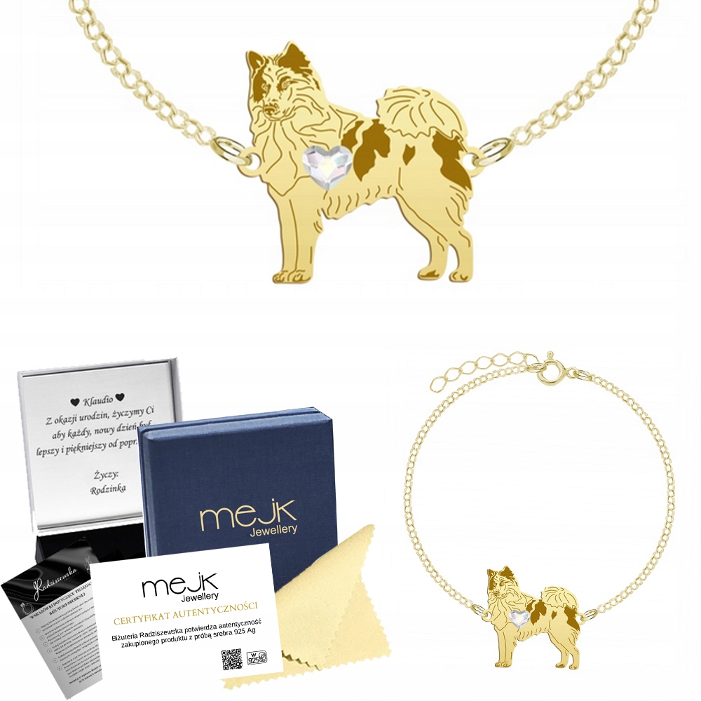 Zlatý náramek s psem Yakutian Laika 925 Řetízek Dárek Gravírování Bonus