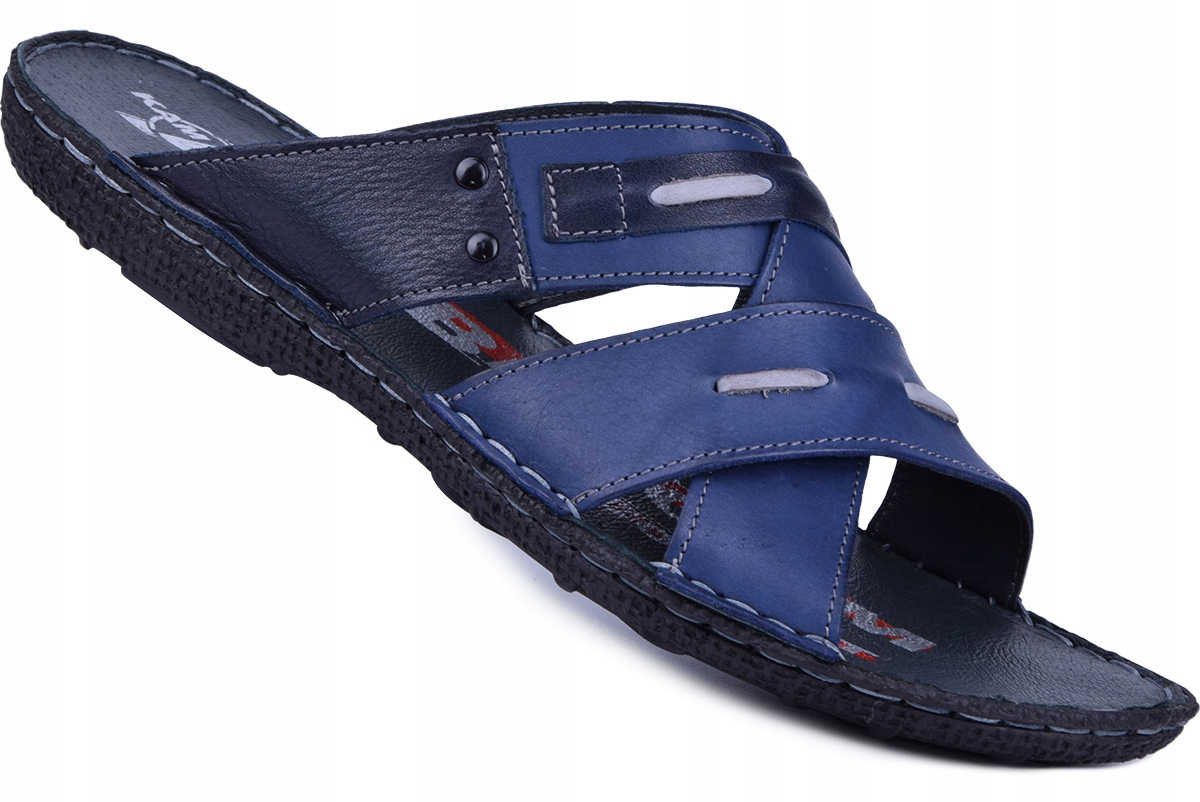 Žabky kožené pánské polské papuče námořnická modrá 43