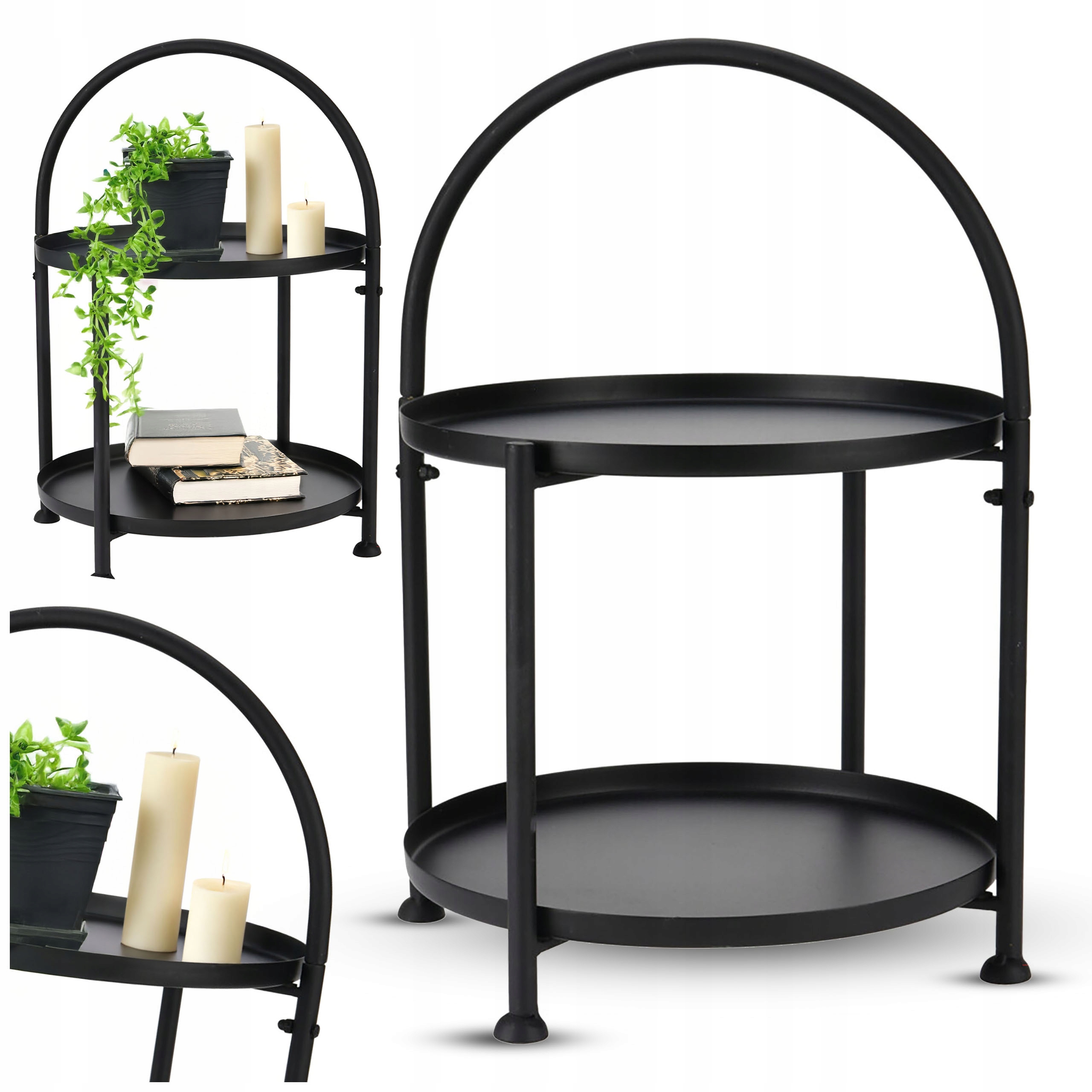 Pomocný Stolek černý loft kovový dvouúrovňový noční podnos na kávu