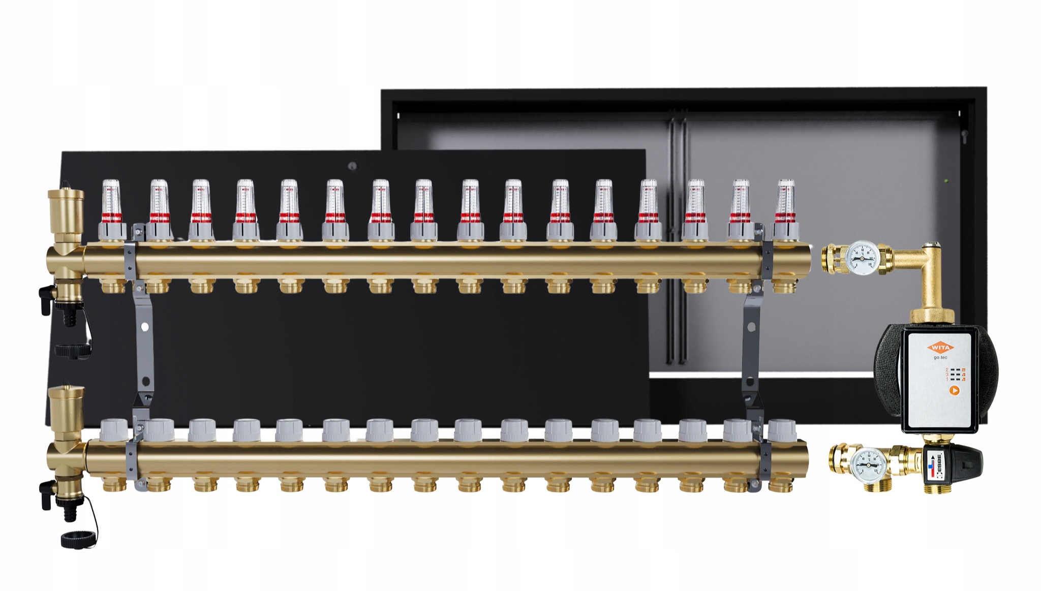 Rozdělovač pro podlahu 16 okruhů s čerpací skupinou Wita nástěnná skříňka
