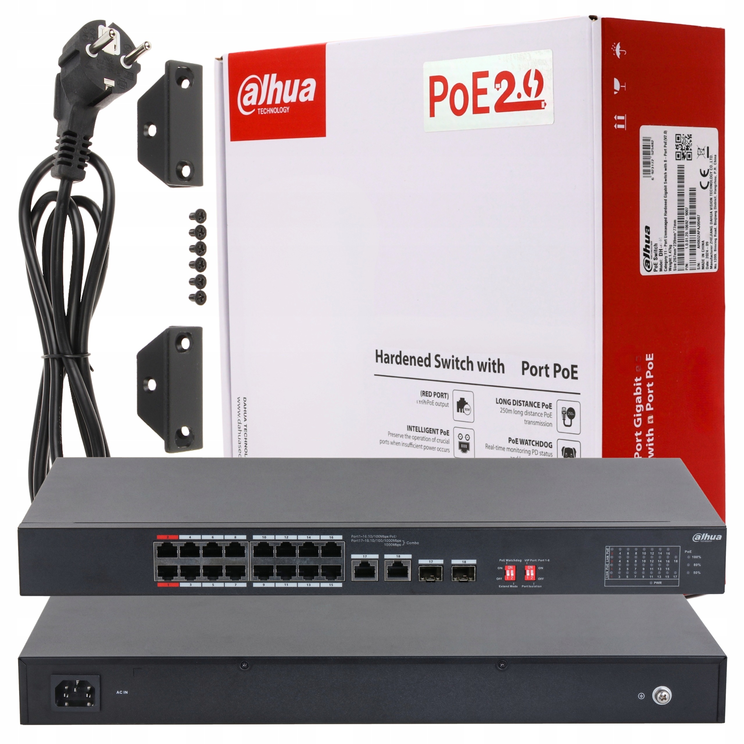 Switch PoE Dahua S3218-16ET-135 16-portový 2x RJ45/SFP Watchdog Extend Vlan