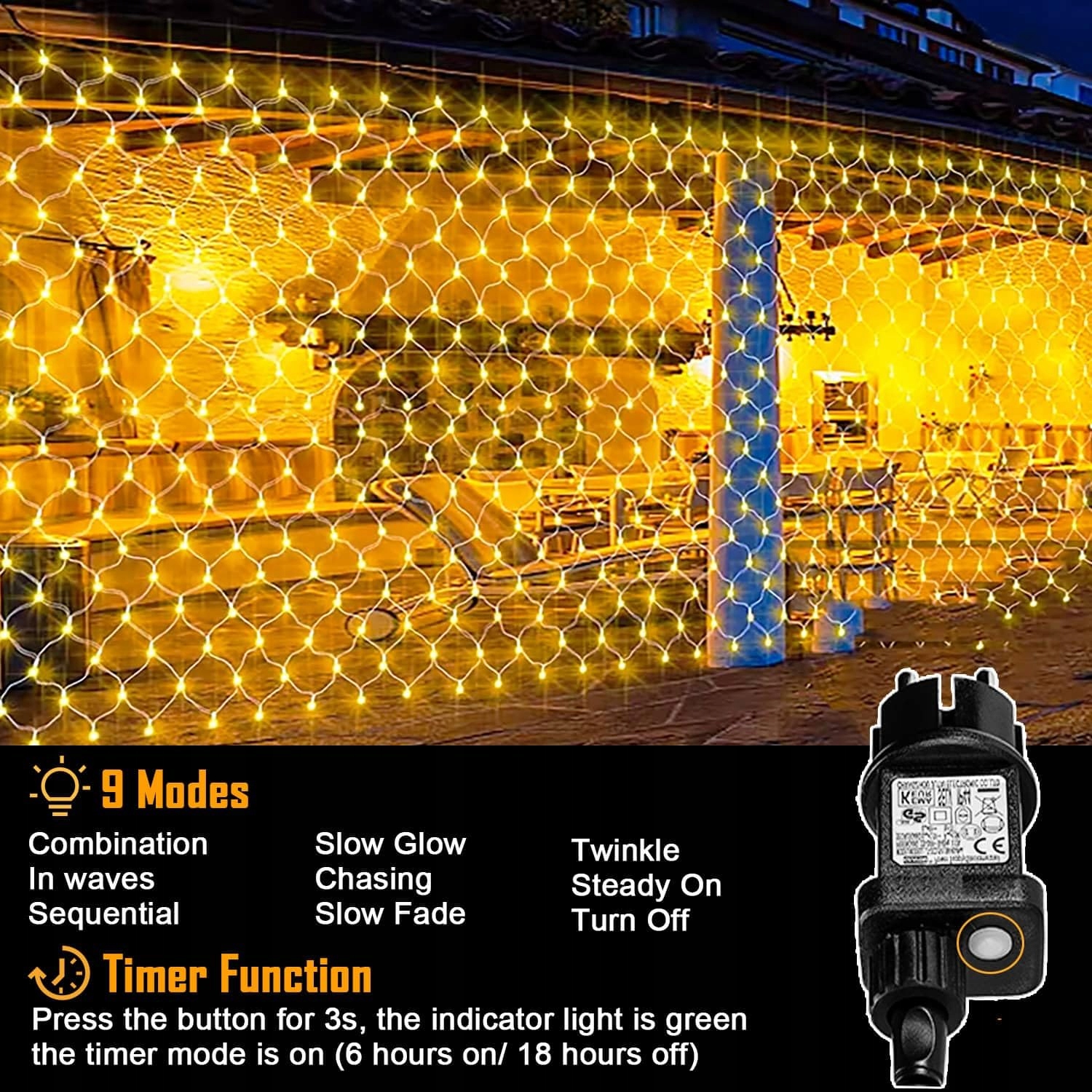 JOYCOME Siatka Girlanda Świetlna Lampki Zewnętrzne 3x2m 200 LED 8 Trybów — miniatura 4