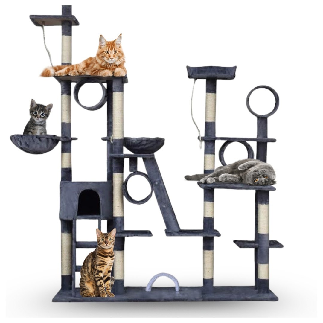 Levně Drapak Pro Kočky XXL Velký 255 cm Věž Houpací Síť Tuba Domeček Pelíšek Tmavě Šedá