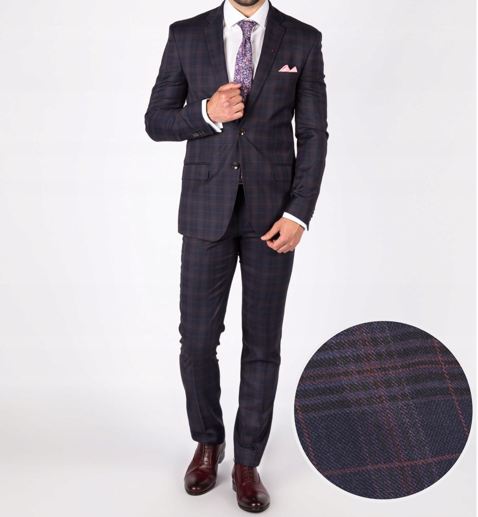 Tmavě modrý oblek s vínovou/švestkovou kostkou 176/92/78 Cenový