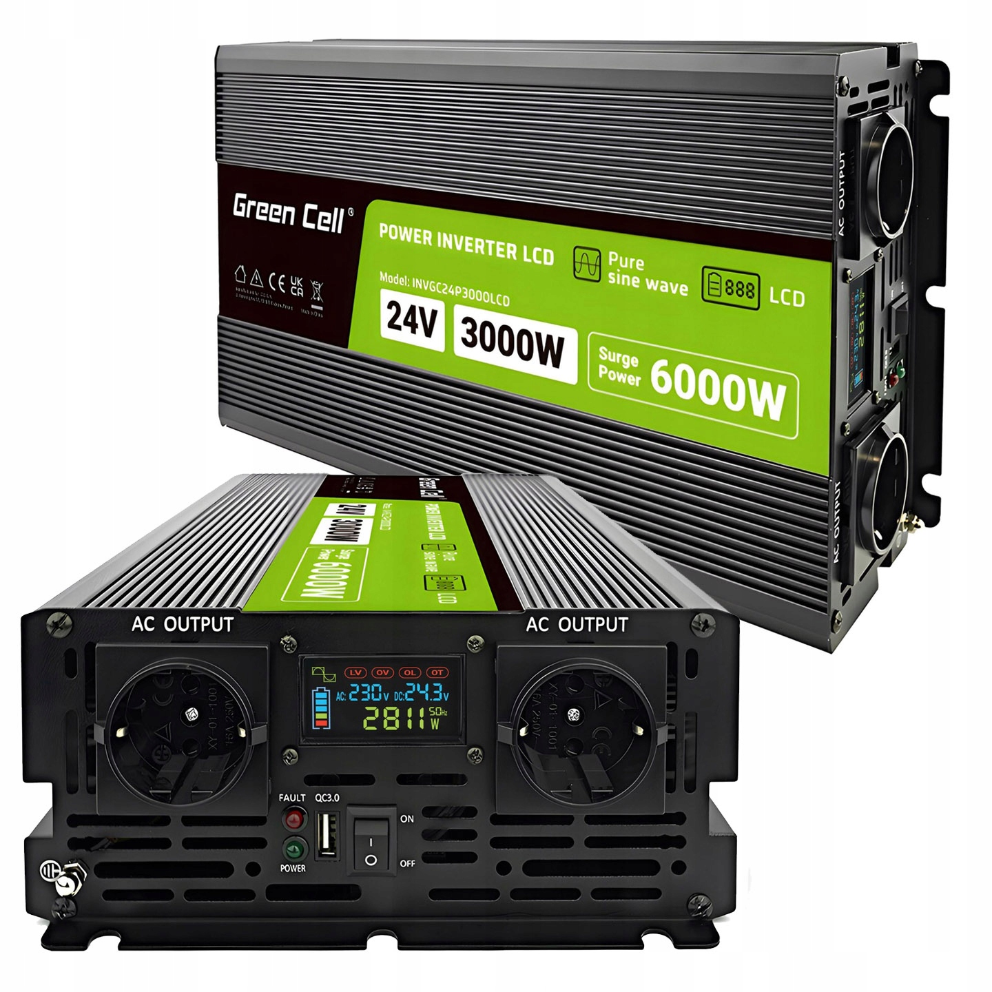 Automobilový Menič Inventer LCD 24V 230V 3000V 6000W Čistá Sinus Tir