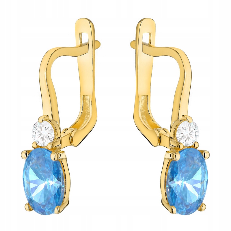 Zlaté Náušnice pr. 585 Anglické čárky Modré a bílé Zirkony 14k