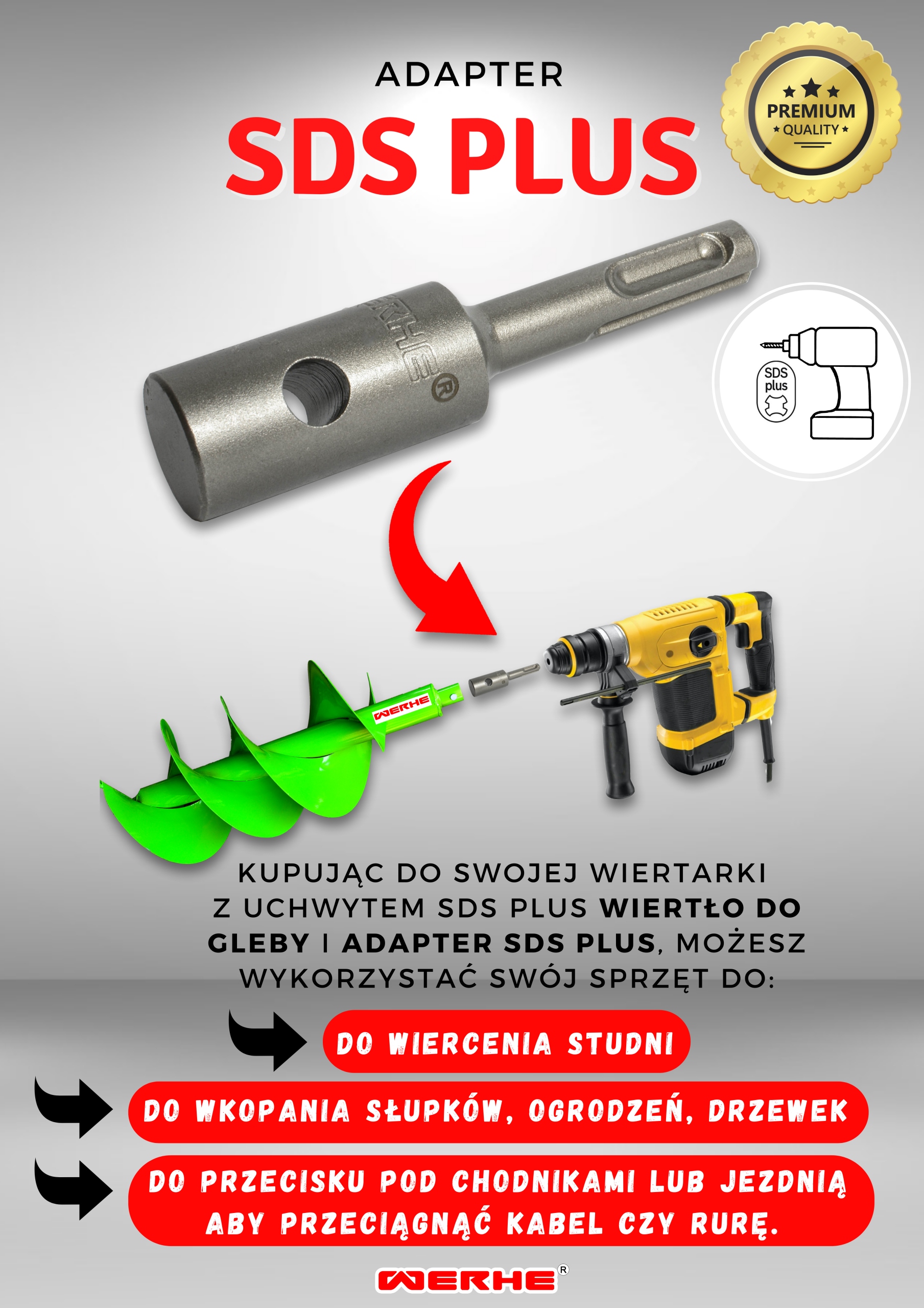 Świder Wiertło do Gleby 60 mm Adapter SDS Plus Średnica wiertła 6 cm