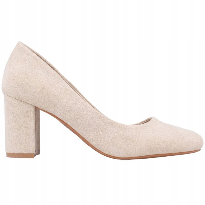 BEŻOWE CZÓŁENKA DAMSKIE NA SŁUPKU OBCASIE BUTY ZAMSZOWE WKŁ.EKOSKÓRA