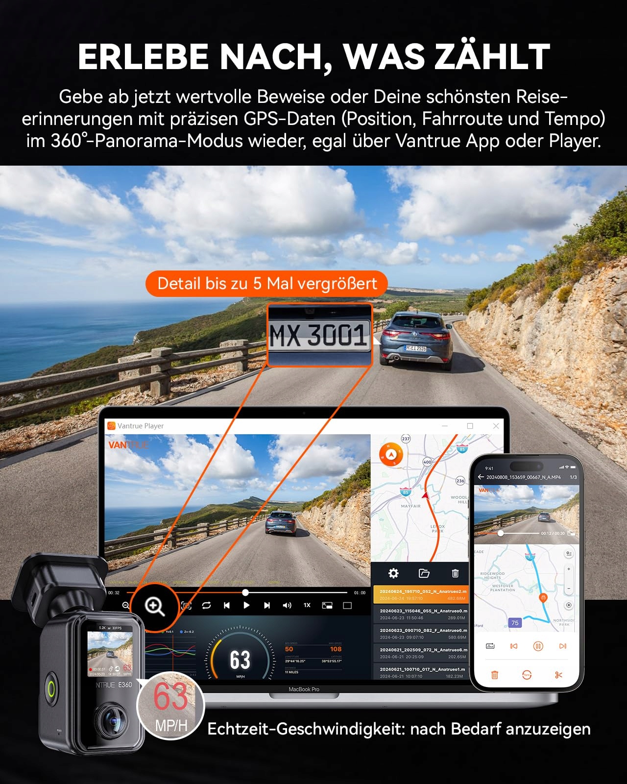 VANTRUE E360 Kamera Samochodowa 5.2K 360° HDR GPS WiFi Parkowanie — miniatura 6