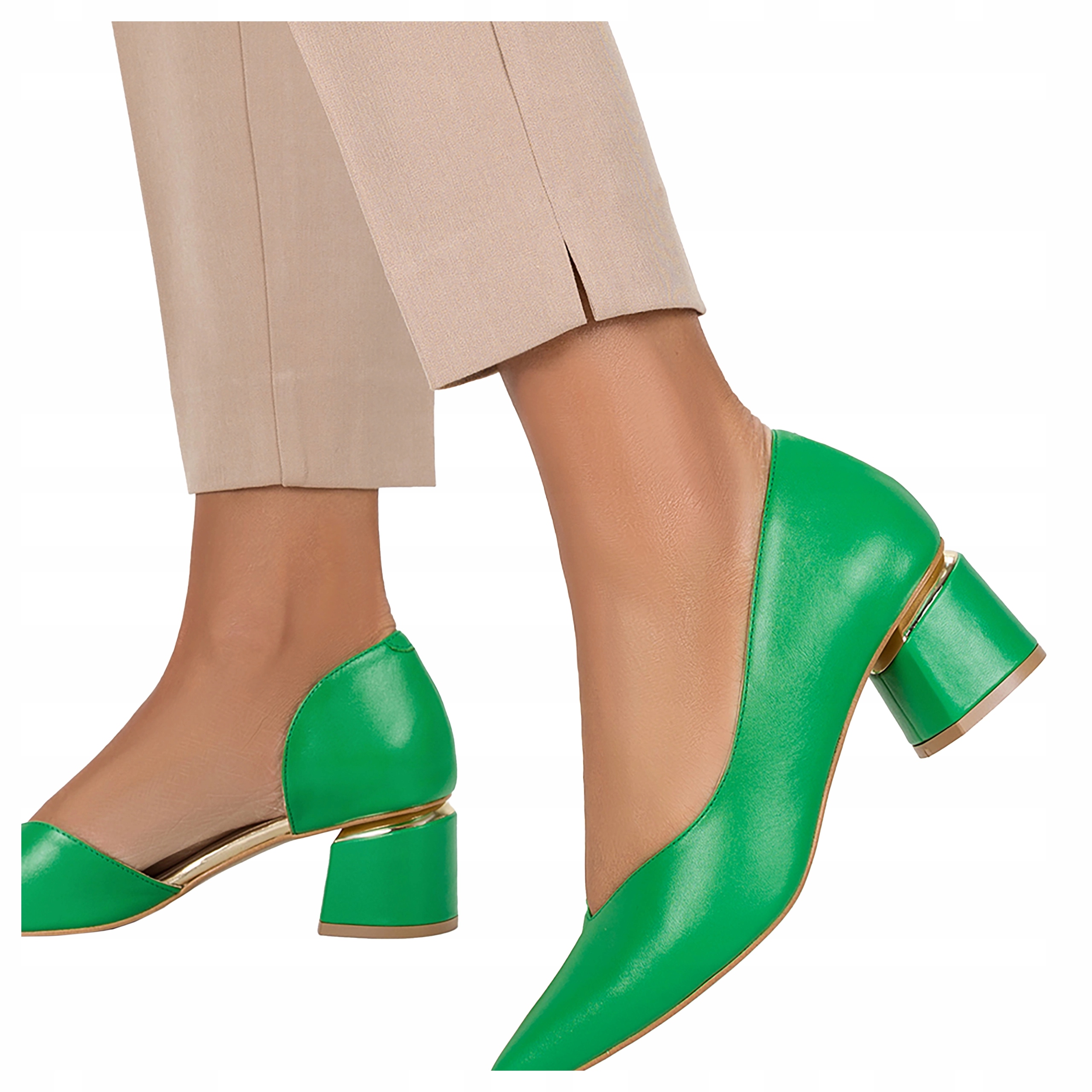 Zelené Dámské Kožené Lodičky Na Nízkém Ozdobném Podpatku Klasické vel. 39