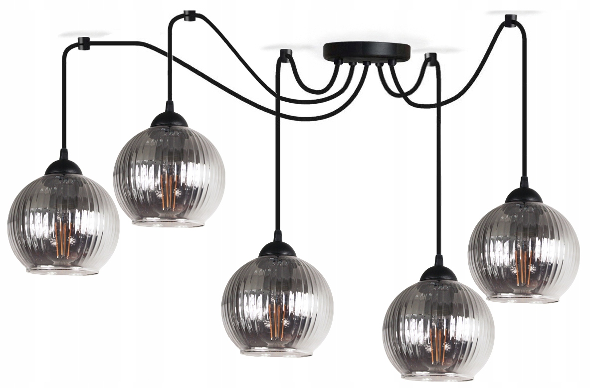 Luster na závesnú stropnú lampu Pavúk Ryflované Kloše, čierna lampa loft