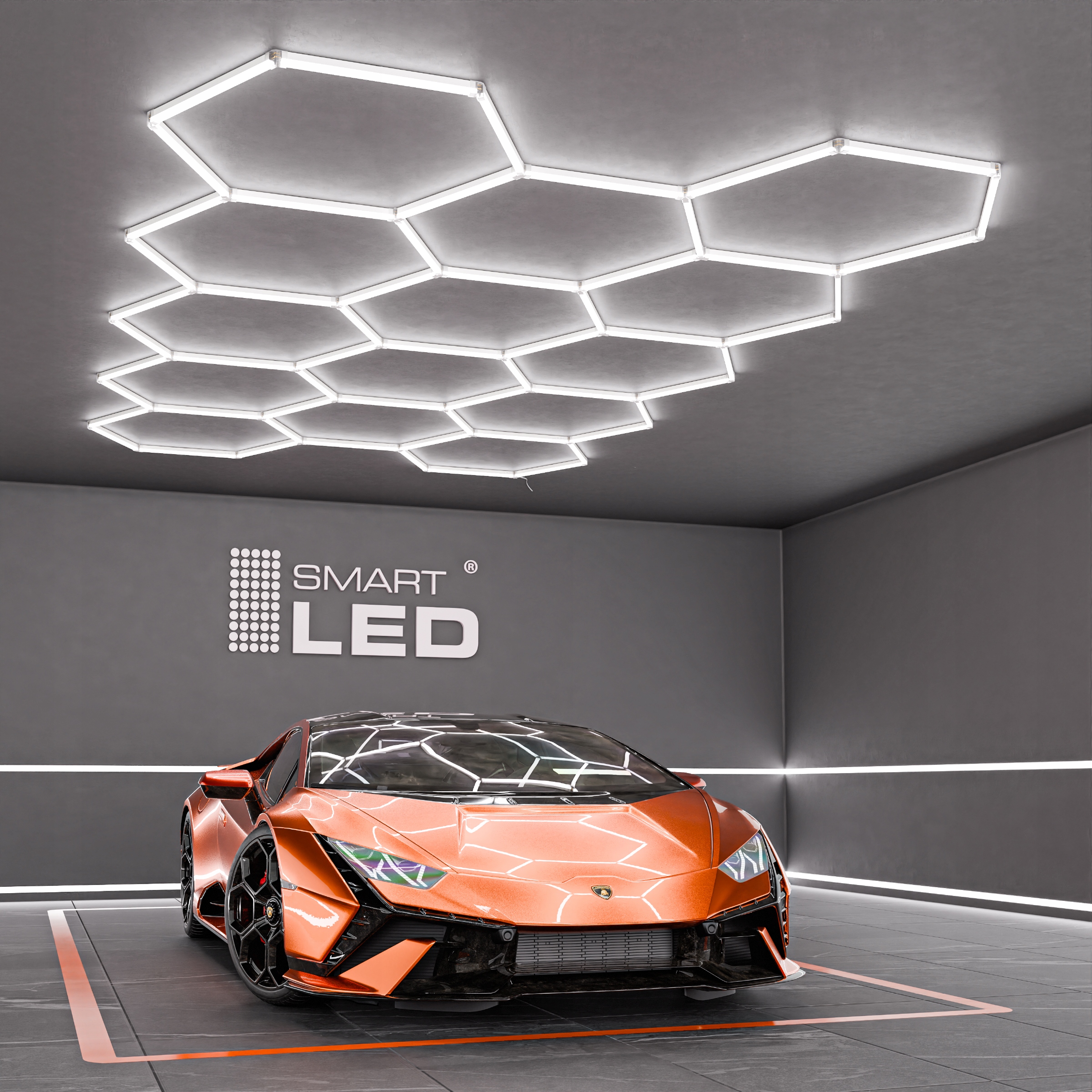 LED sešstūra griestu paneļa apgaismojums garāžas darbnīcai 522 x 298 cm Brand Smartled