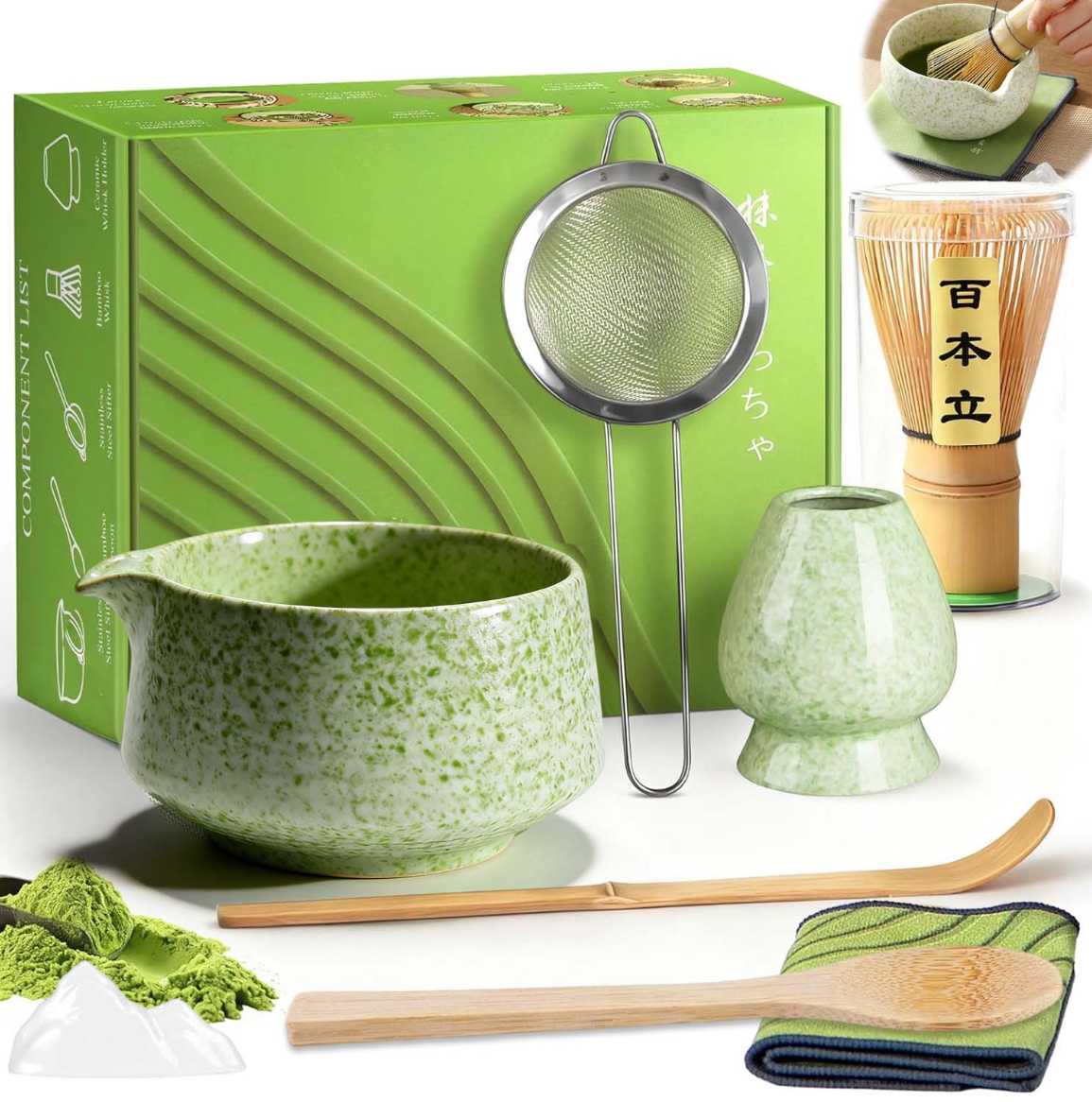 Sada Pro Matcha 8 Prvků Gradient Zelená S Bambusovou Metlou A Sítkem