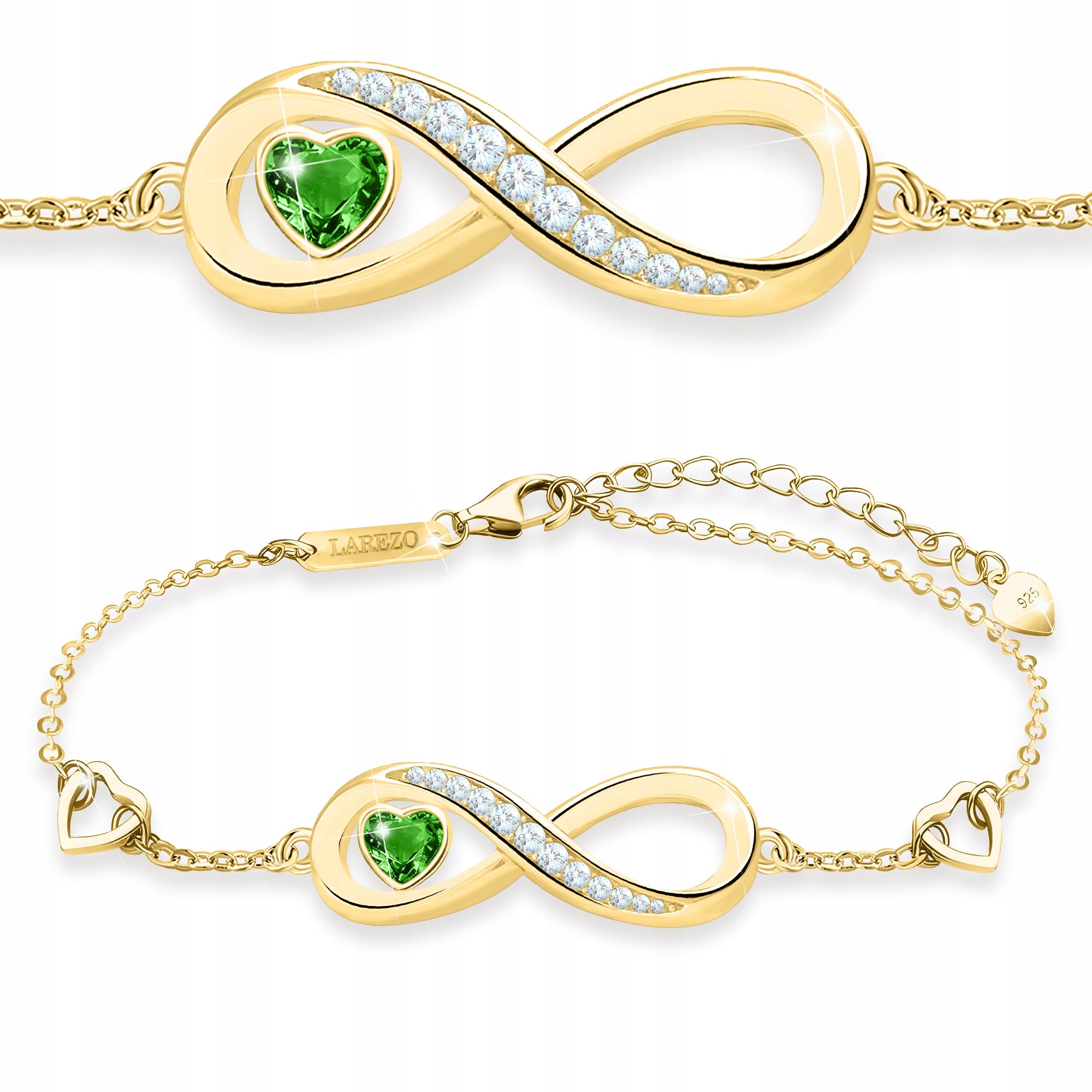 Zlatý náramek Zelená Zirkon Srdce s nekonečnem Stříbro 925