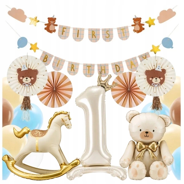 Dekoracje Roczek balony girlanda First Birthday rozety misie ozdoby zestaw