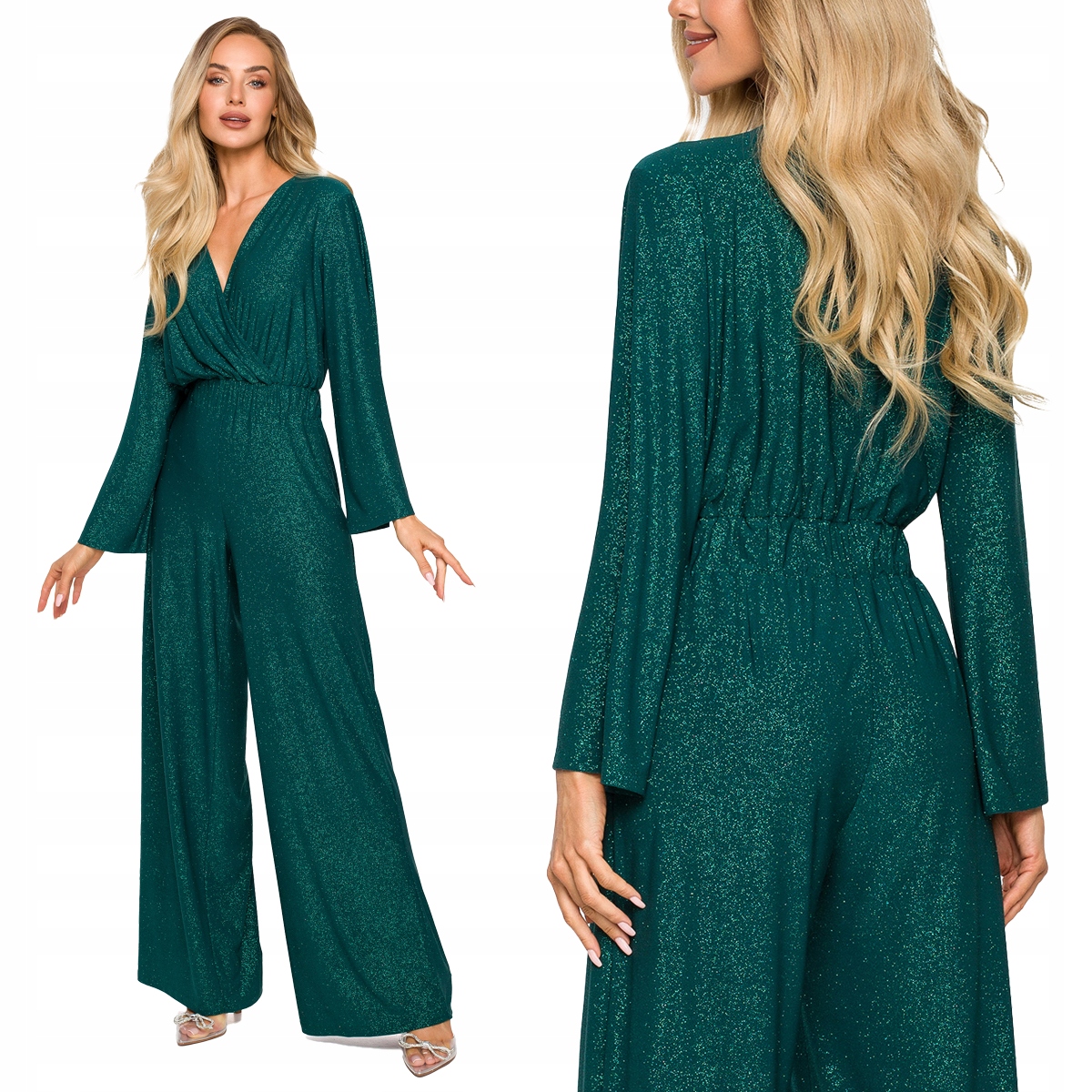 ELEGANCKI DAMSKI KOMBINEZON KOBIECY DŁUGIE SZEROKIE NOGAWKI SZMARAGD 38 M