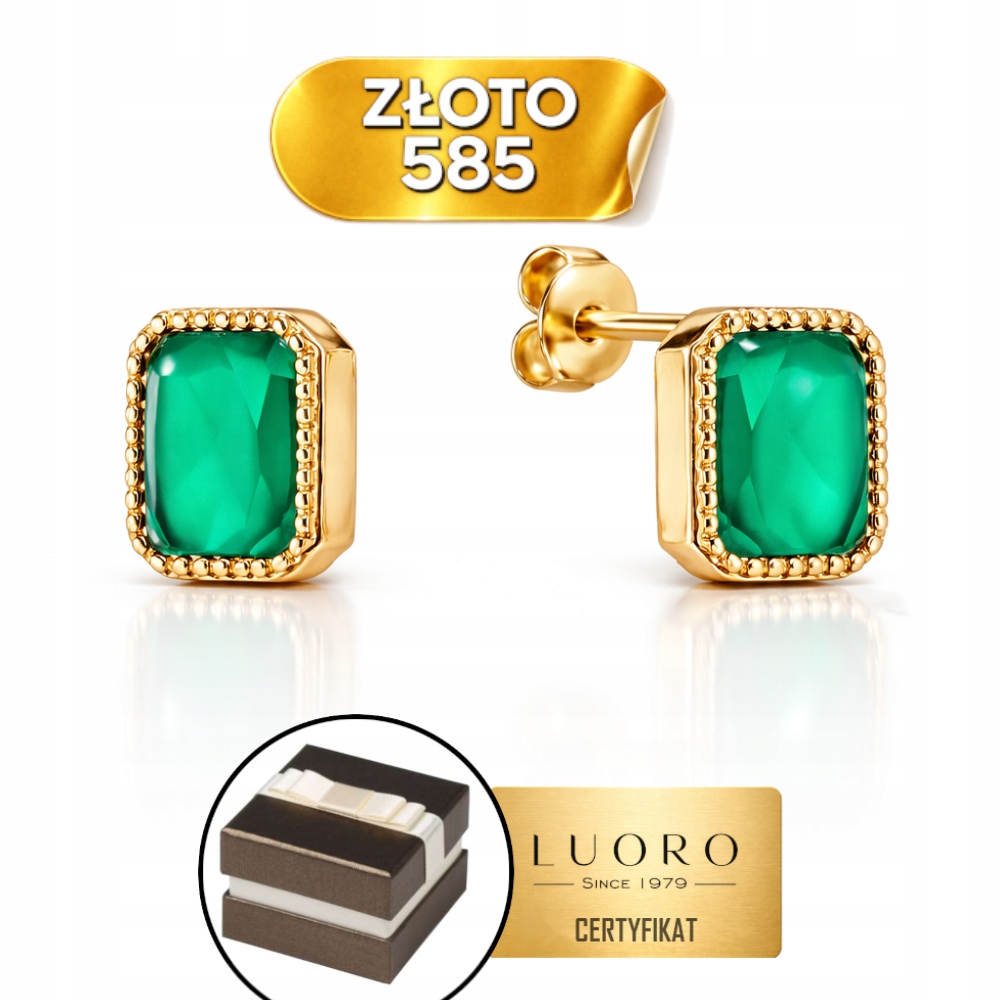 Náušnice Zlaté 585 14K Obdélníky Zelená Achátová Tyčinka 8,2 CM Elegantní