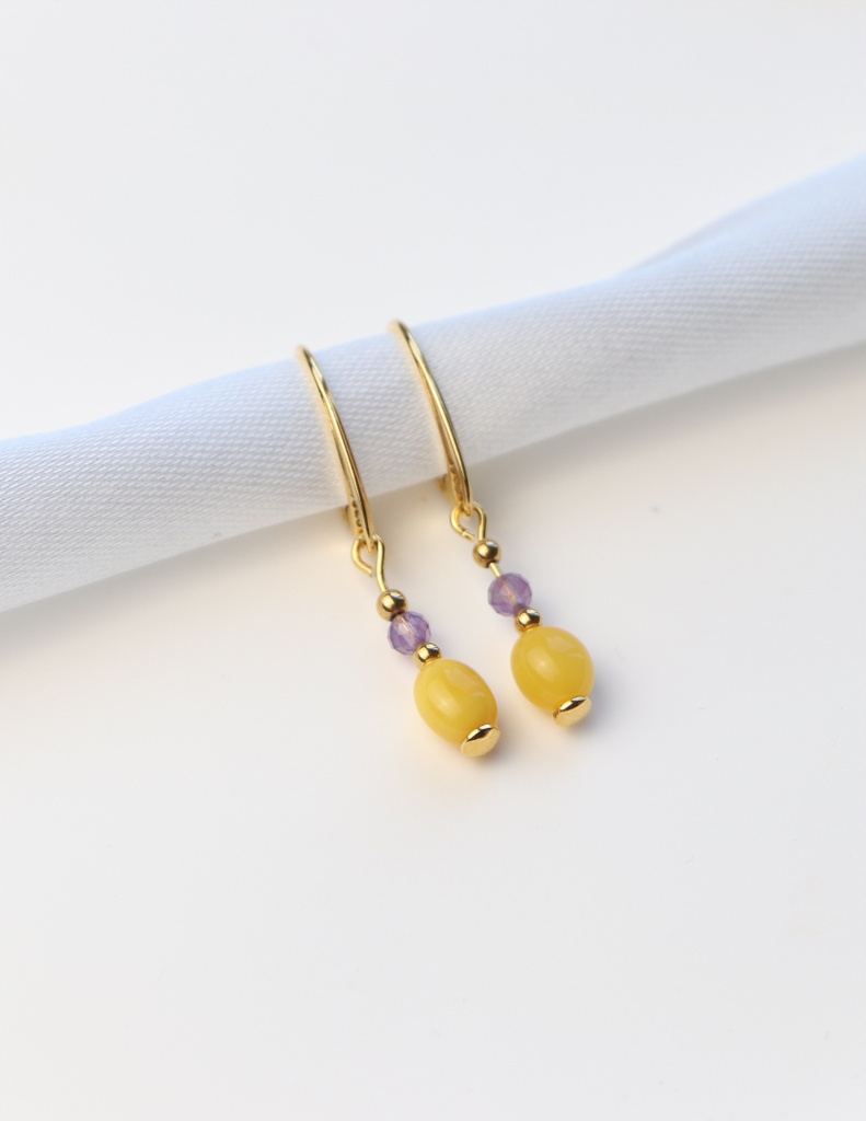 Náušnice pozlacené Mléčný jantar, ametyst