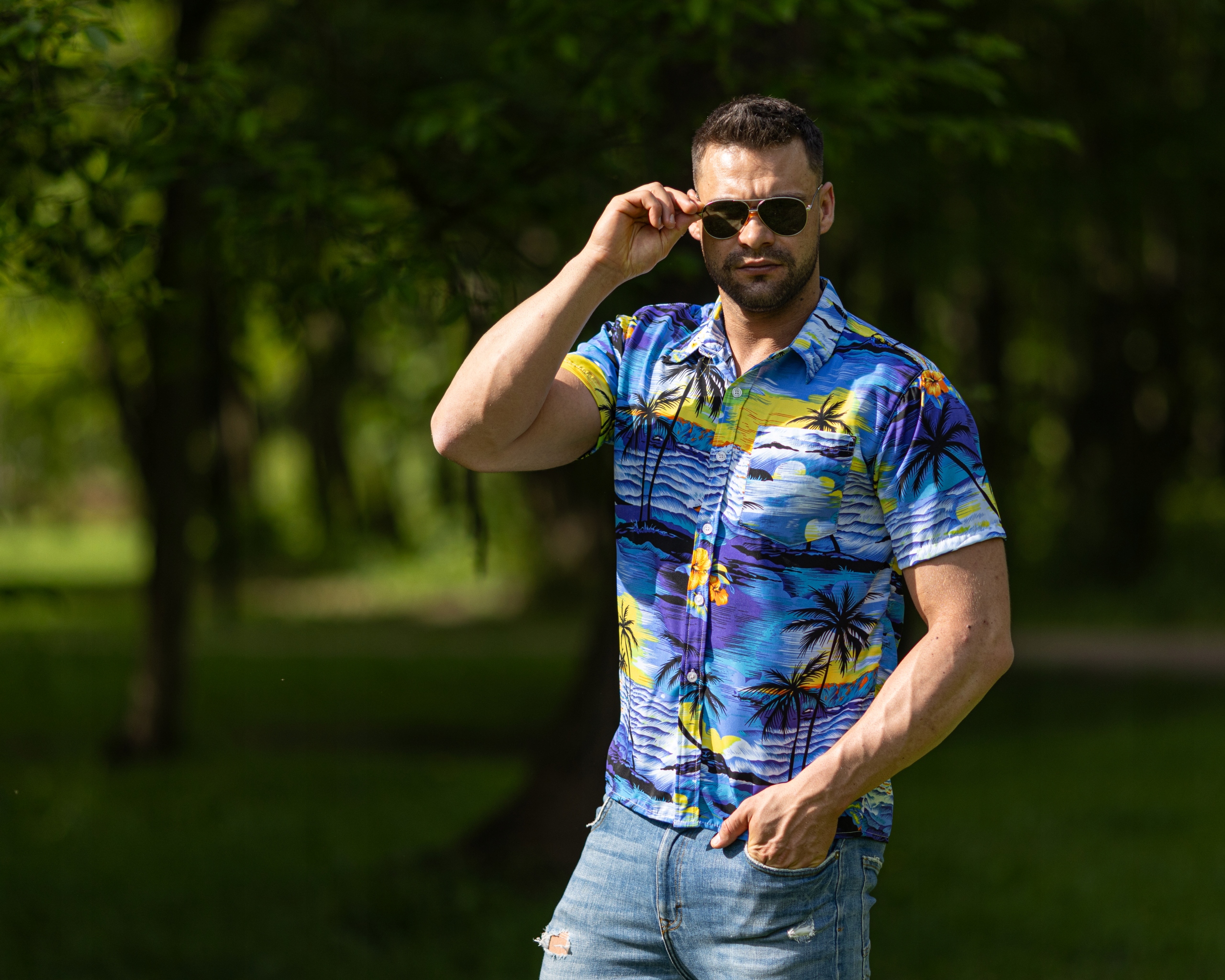 KOSZULA MĘSKA HAWAJSKA W PALMY KWIATY PLAŻA MORZE C1 NIEBIESKA - XXXL Rozmiar 3XL