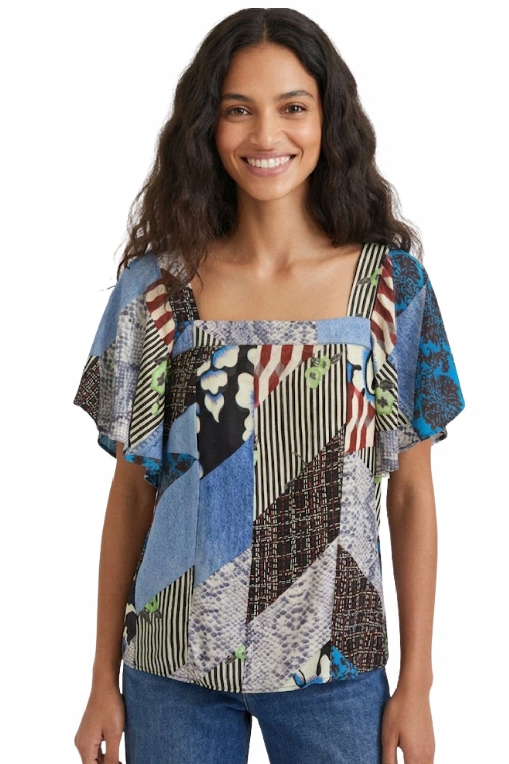 Dámská mikina Desigual Alejandria modrý patchwork z viskózy, velikost XXL